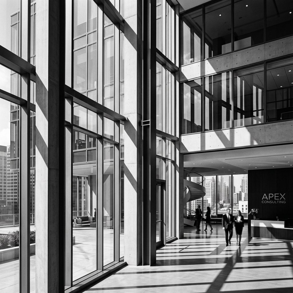 Modern glass building facade and architectural columns