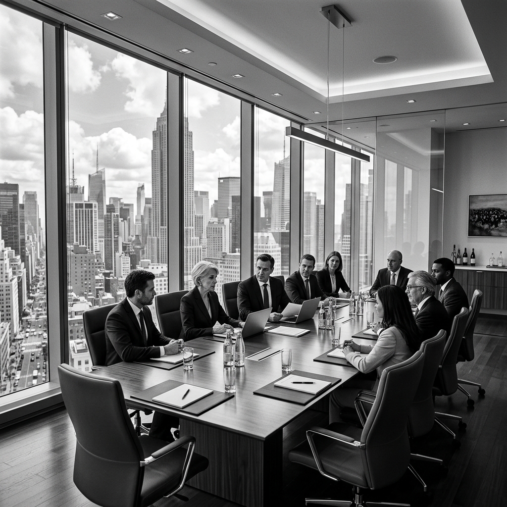Executive corporate boardroom looking out at city skyline