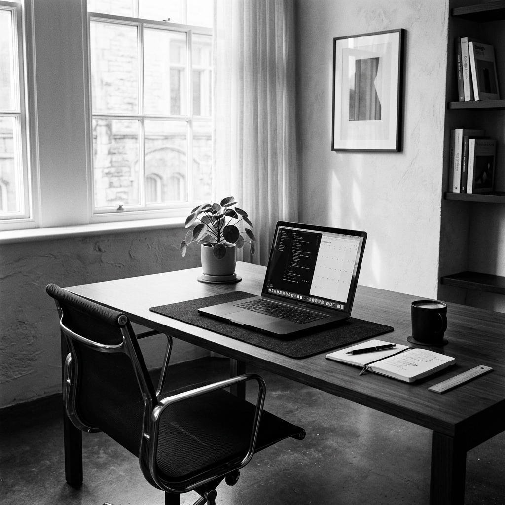 Sleek minimalist office desk with laptop and plant